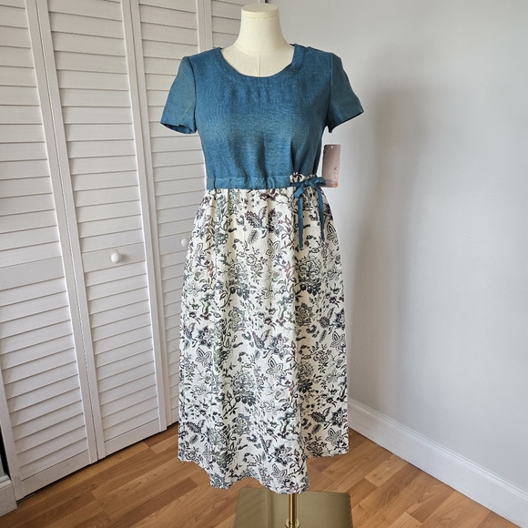Kalinka Teal Cream Linen Floral Midi Dress Sze M Cottagecore Boho Modest Prairie - Picture 1 of 13